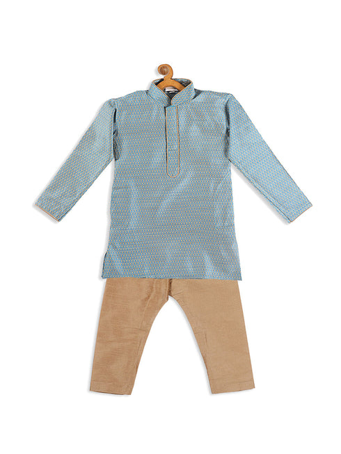 Sishu Boy's Blue Woven Kurta With Rose Gold Pyjama Set