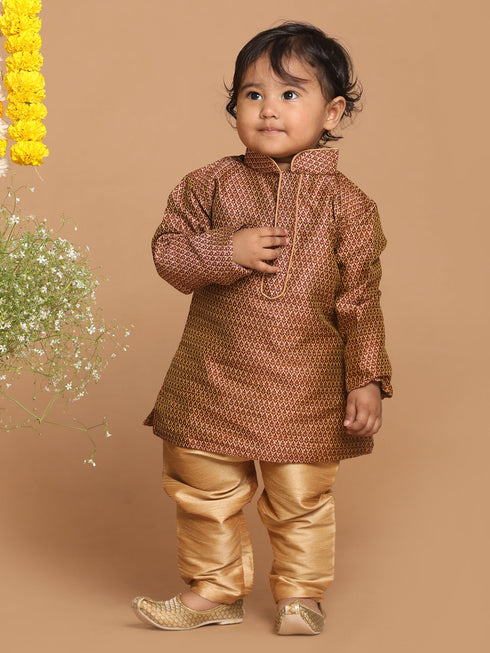 Sishu Boy's Maroon Woven Design Kurta With Rose Gold Pyjama Set