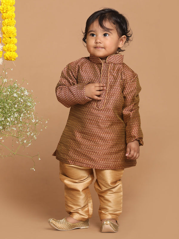 Sishu Boy's Maroon Woven Design Kurta With Rose Gold Pyjama Set