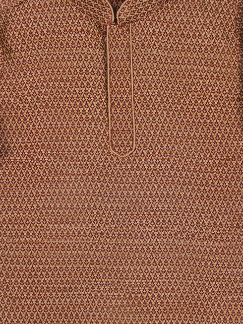 Sishu Boy's Maroon Woven Design Kurta With Rose Gold Pyjama Set