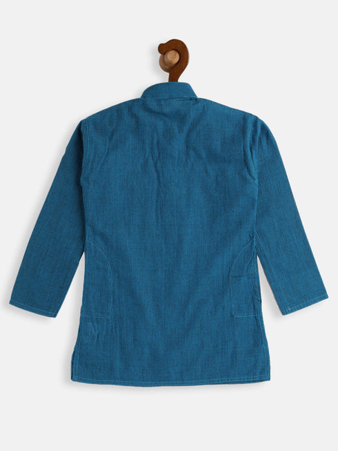 Boy's Aqua Blue And White Pure Cotton Kurta