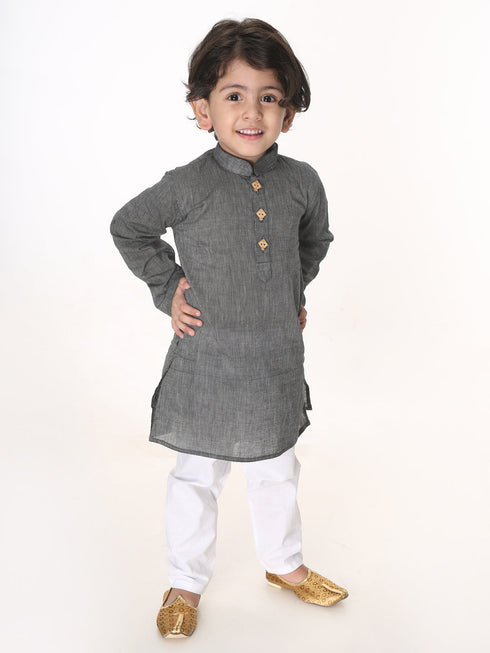 Boy's Black And White Pure Cotton Kurta Pyjama Set