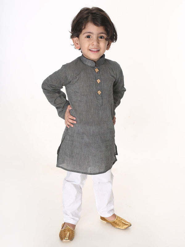 Boy's Black And White Pure Cotton Kurta Pyjama Set