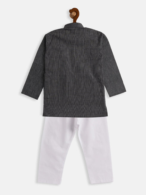 Boy's Black And White Pure Cotton Kurta Pyjama Set