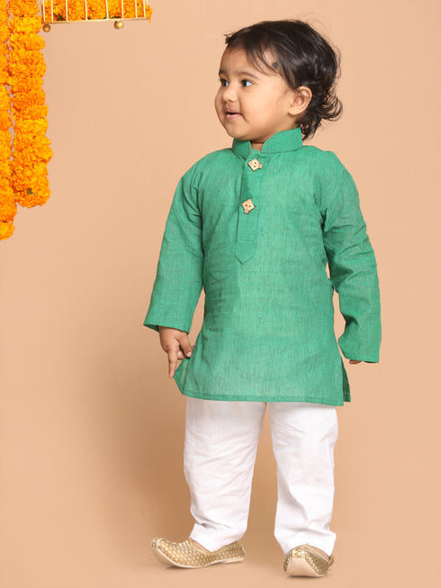 Boy's Green Striped Pure Cotton Kurta With Pyjama Set