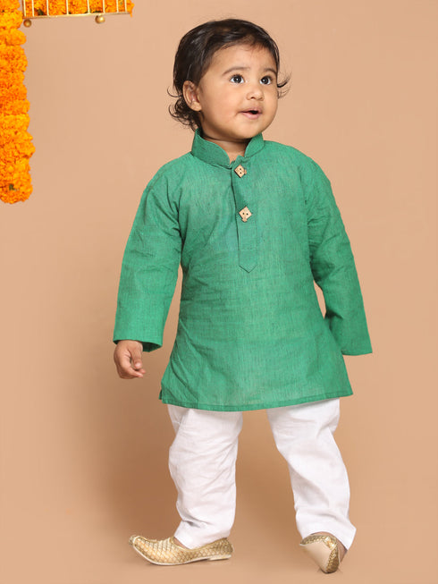 Boy's Green Striped Pure Cotton Kurta With Pyjama Set