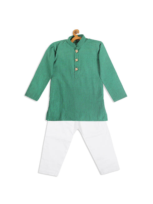 Boy's Green Striped Pure Cotton Kurta With Pyjama Set