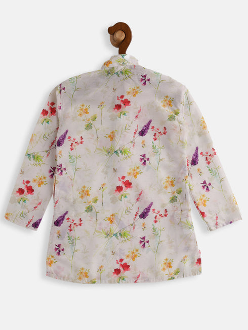 Boy's Multicolor-Base-Cream Cotton Blend Kurta