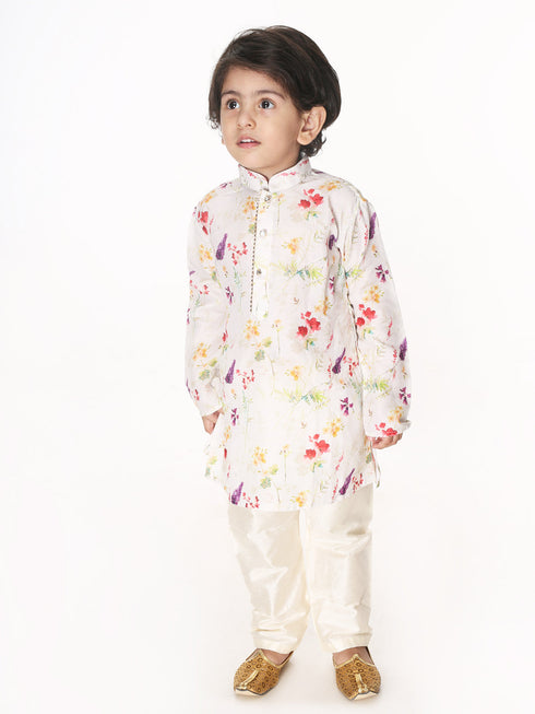 Boy's Multicolor-Base-Cream Cotton Blend Kurta