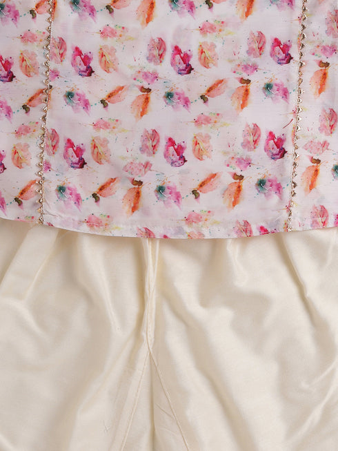 Boy's Multicolor-Base-White Cotton Blend Kurta Pyjama Set