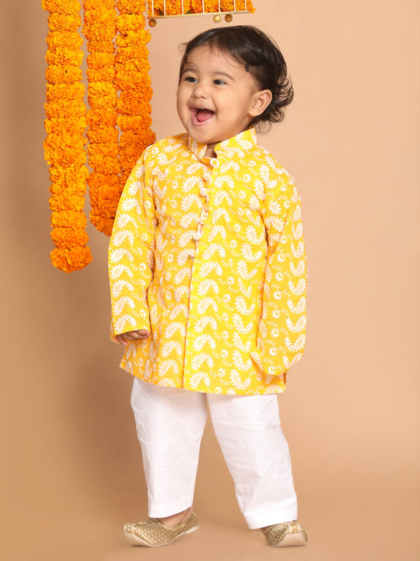Sishu Boy's Orange Floral Chikankari Pure Cotton Kurta With White Pyjama Set
