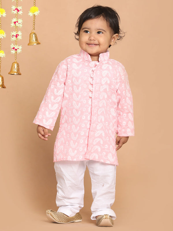 Sishu Boy's Pink Floral Chikankari Pure Cotton Kurta With Pyjama