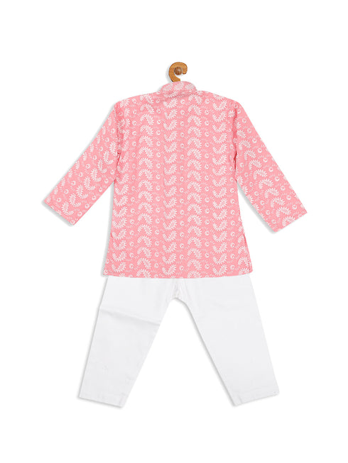 Sishu Boy's Pink Floral Chikankari Pure Cotton Kurta With Pyjama