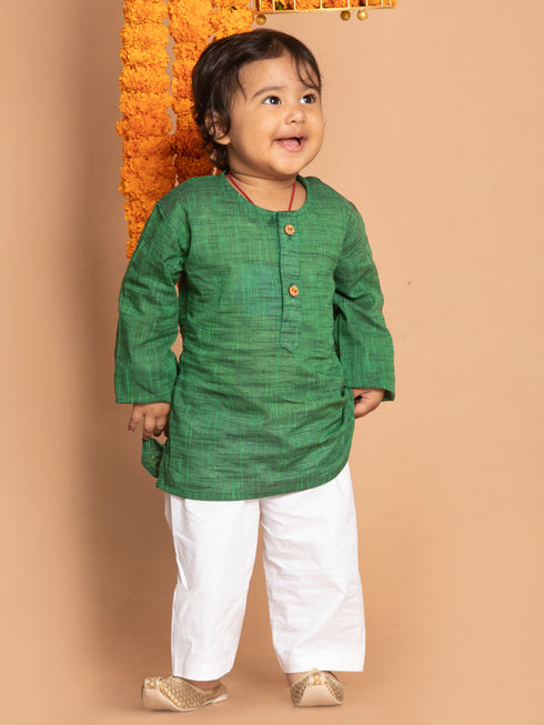 Boy's' Green Cotton Kurta And White Pyjama Set