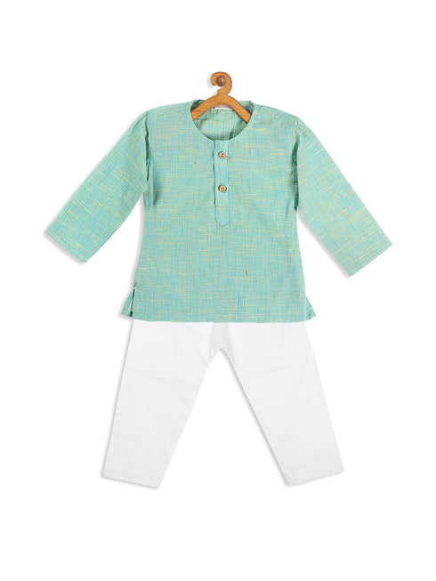 Boy's Parrot Green Cotton Kurta And White Pyjama Set