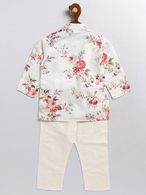 Boy's Cream Floral Printed Angrakha Kurta Pyjama Set