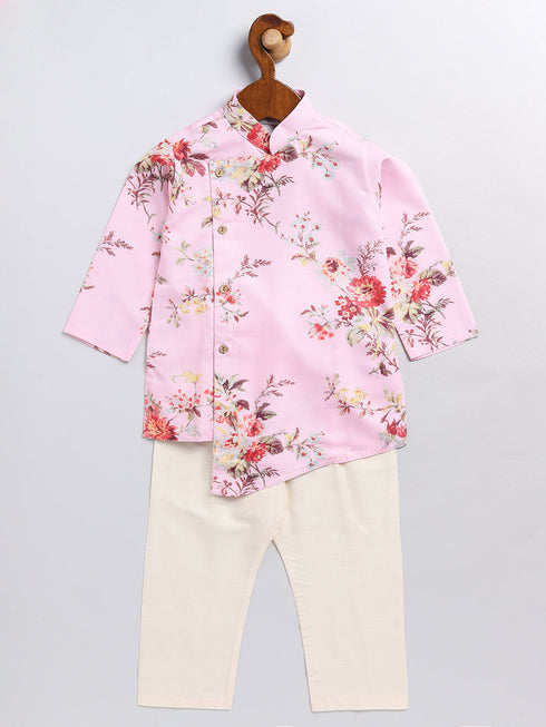 Sishu Boy's Pink Floral Printed Angrakha Kurta Pyjama Set