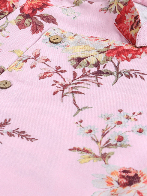 Sishu Boy's Pink Floral Printed Angrakha Kurta Pyjama Set