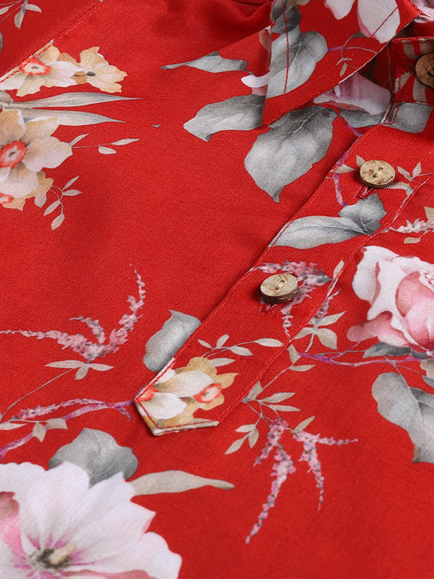 Sishu Boy's Red Floral Printed Kurta Patiala Set