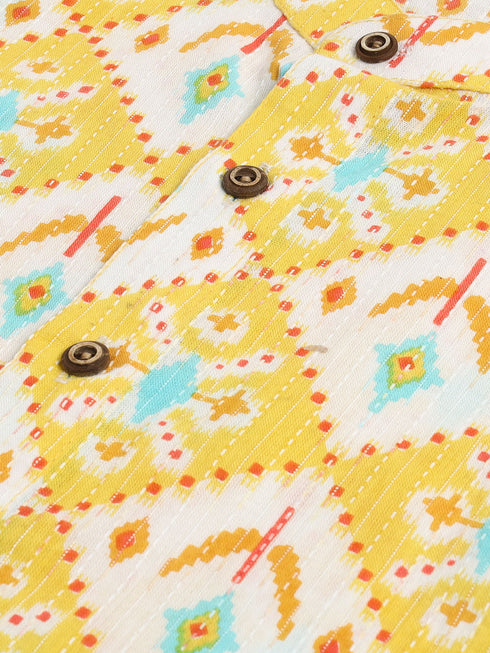 Sishu Boy's Yellow And White Printed Cotton Kurta Pyjama Set