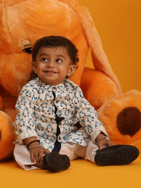 Sishu Boy's White And Blue Penguin Printed Cotton Kurta Pyjama Set