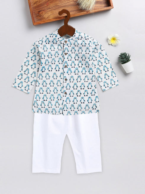 Sishu Boy's White And Blue Penguin Printed Cotton Kurta Pyjama Set