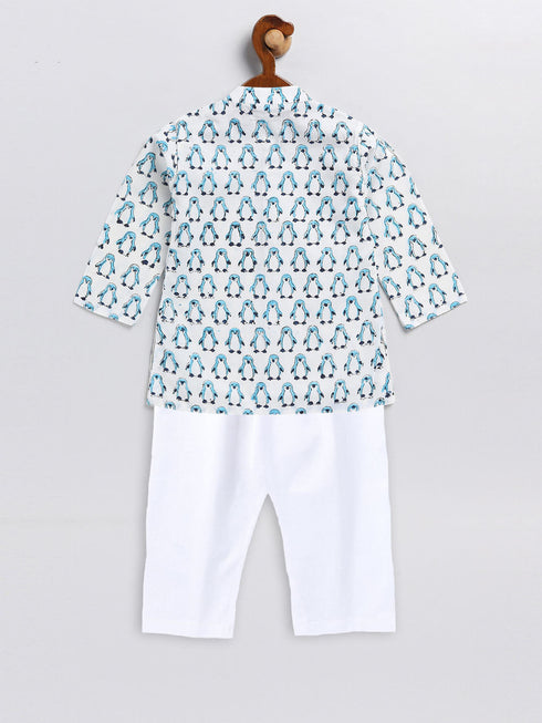 Sishu Boy's White And Blue Penguin Printed Cotton Kurta Pyjama Set