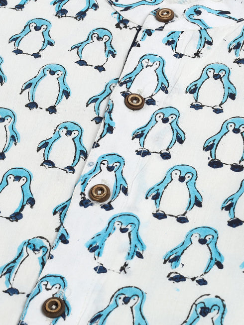 Sishu Boy's White And Blue Penguin Printed Cotton Kurta Pyjama Set