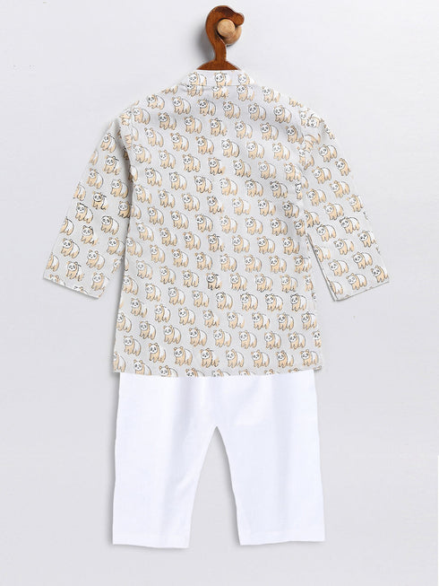 Sishu Boy's Beige Panda Printed Cotton Kurta Pyjama Set