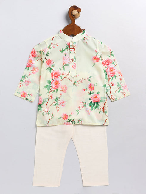Boy's' Yellow Floral Printed Cotton Kurta Pyjama Set