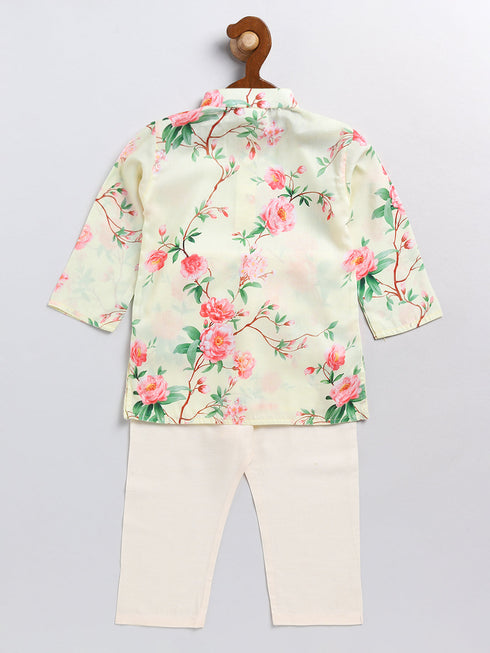 Boy's' Yellow Floral Printed Cotton Kurta Pyjama Set