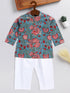 Sishu Boy's Green Kalamkari Floral Printed Cotton Kurta Pyjama Set