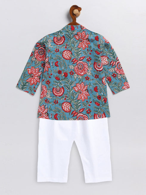 Sishu Boy's Green Kalamkari Floral Printed Cotton Kurta Pyjama Set
