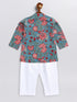 Sishu Boy's Green Kalamkari Floral Printed Cotton Kurta Pyjama Set