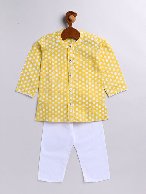 Infant Boy's Yellow And White Cotton Kurta Pyjama Set