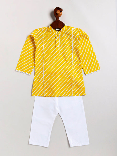 Infant Boy's Yellow And White Cotton Kurta Pyjama Set
