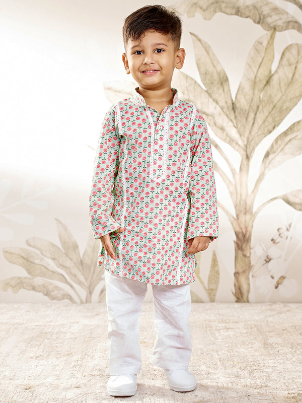 Boy's Aqua Cotton Kurta Pyjama Set