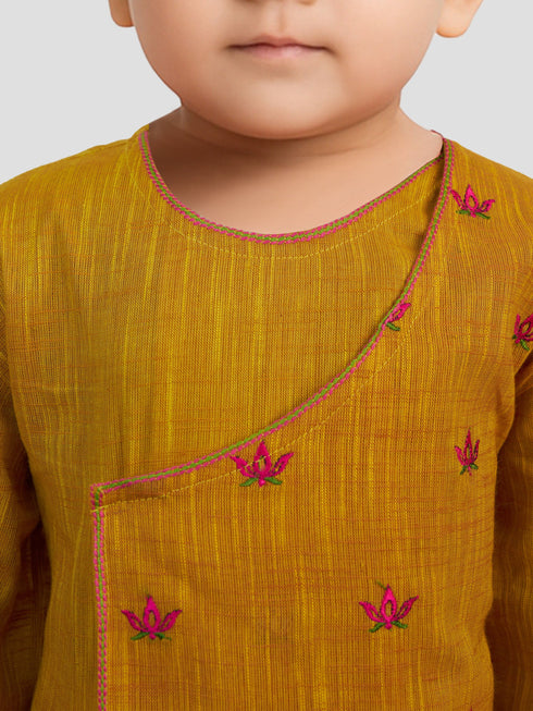 Baby Boy's Mustard Embroidered Cotton Kurta Pyjama Set For Janmashtami