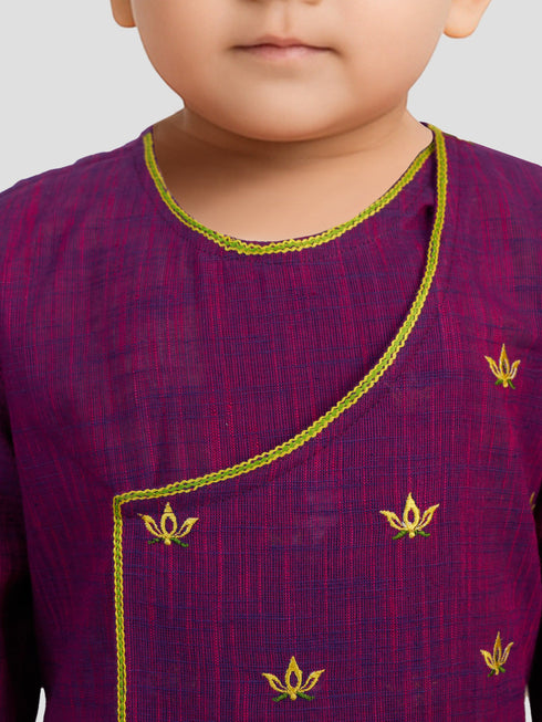 Baby Boy's Purple Embroidered Cotton Kurta Pyjama Set For Janmashtami