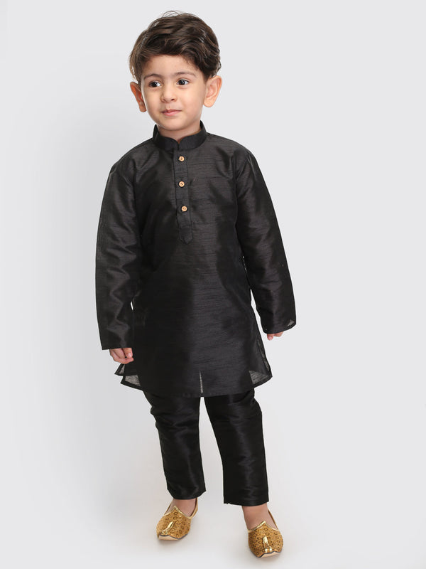 Boy's Black Silk Blend Kurta Pyjama Set