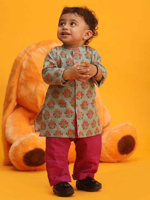 Sishu Boy's Green And Magenta Floral Printed Cotton Kurta Pyjama Set