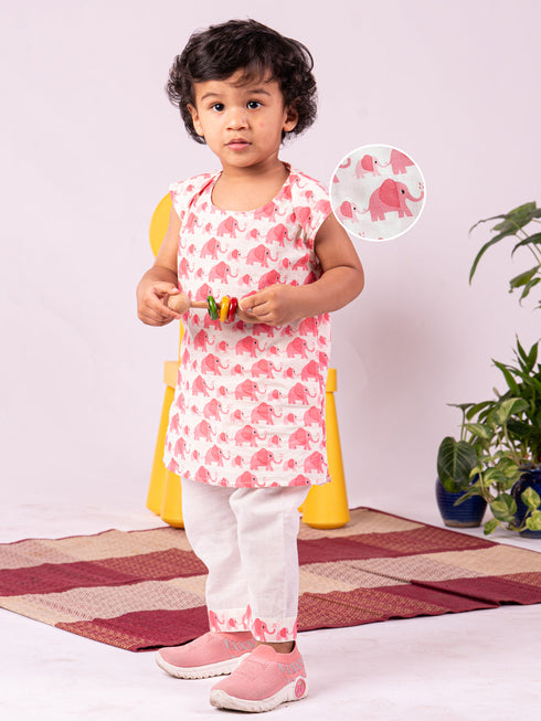 Infant Boy's Pink Cotton Blend Kurta Pyjama Set