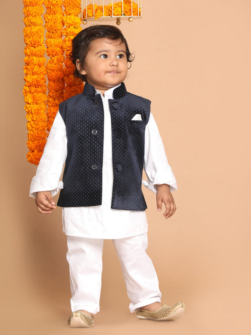 Sishu Boy's White Kurta With Pyjamas & Black Nehru Jacket