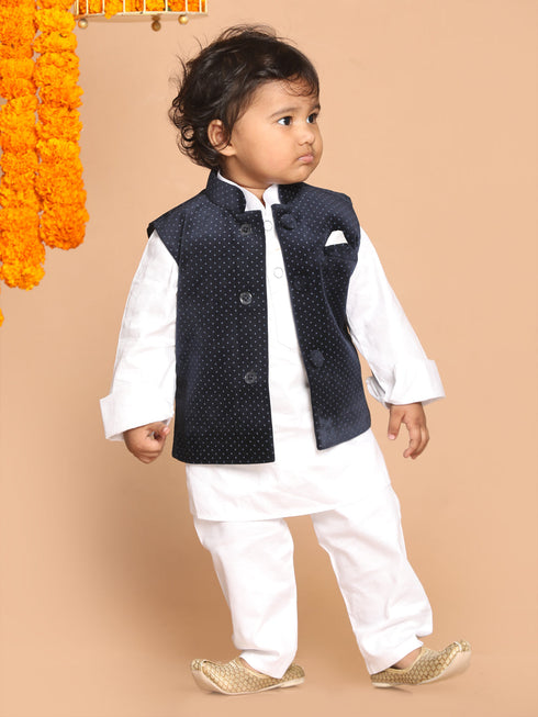 Sishu Boy's White Kurta With Pyjamas & Black Nehru Jacket