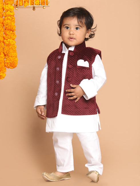 Sishu Boy's Maroon Printed Kurta With Pyjamas & Nehru Jacket