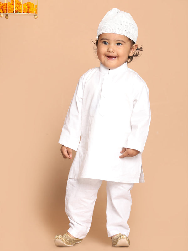 Boy's White Pure Cotton Kurta And Pyjama With Prayer Cap