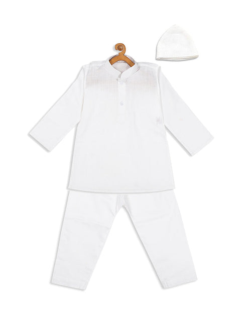 Boy's White Pure Cotton Kurta And Pyjama With Prayer Cap