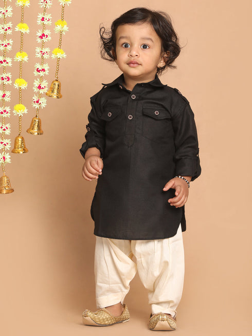Boy's Black Pathani Kurta With Patiala Set