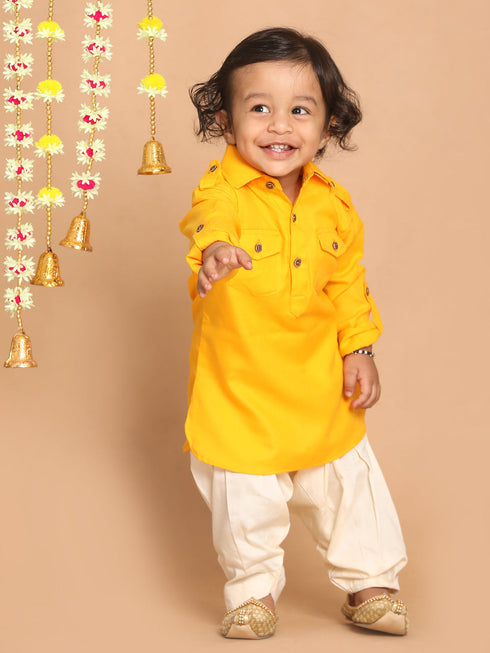 Boy's Yellow Pathani Shape Kurta With Cream Patiala Set