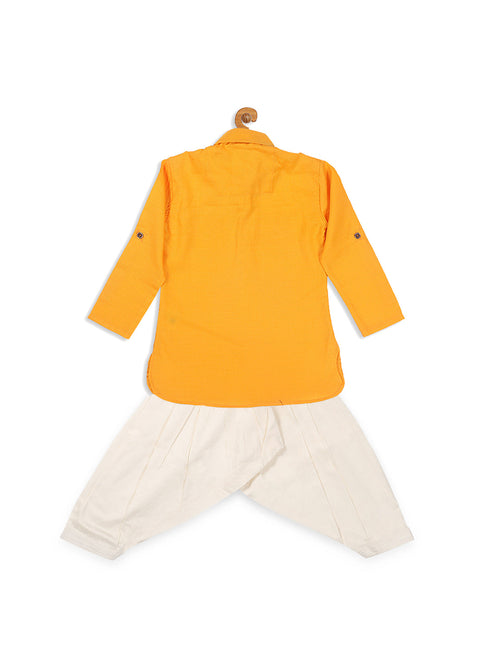 Boy's Yellow Pathani Shape Kurta With Cream Patiala Set